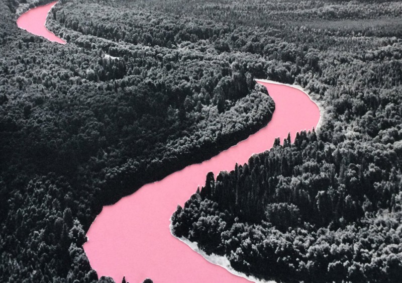 Pink river in black and white landscape collage by Anna Bu Kliewer
