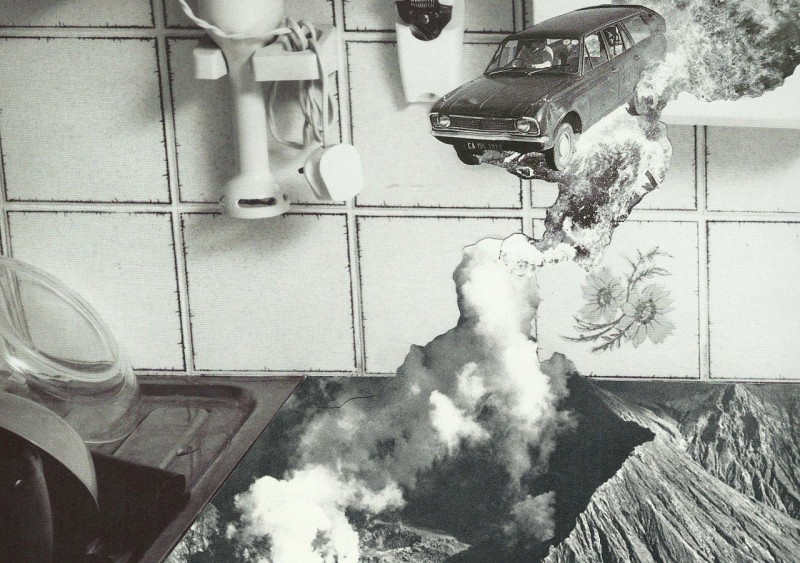 Black and white collage of smoking car in kitchen by Anna Bu Kliewer